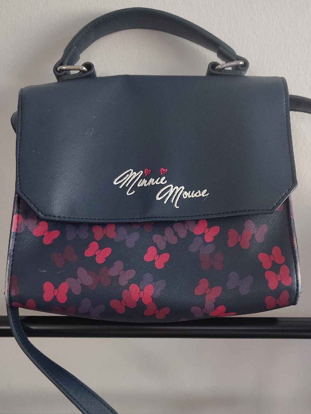 Disneyland Park Minne Mouse OfNavy and Pink Bow-Print Top Handle Crossbody Bag